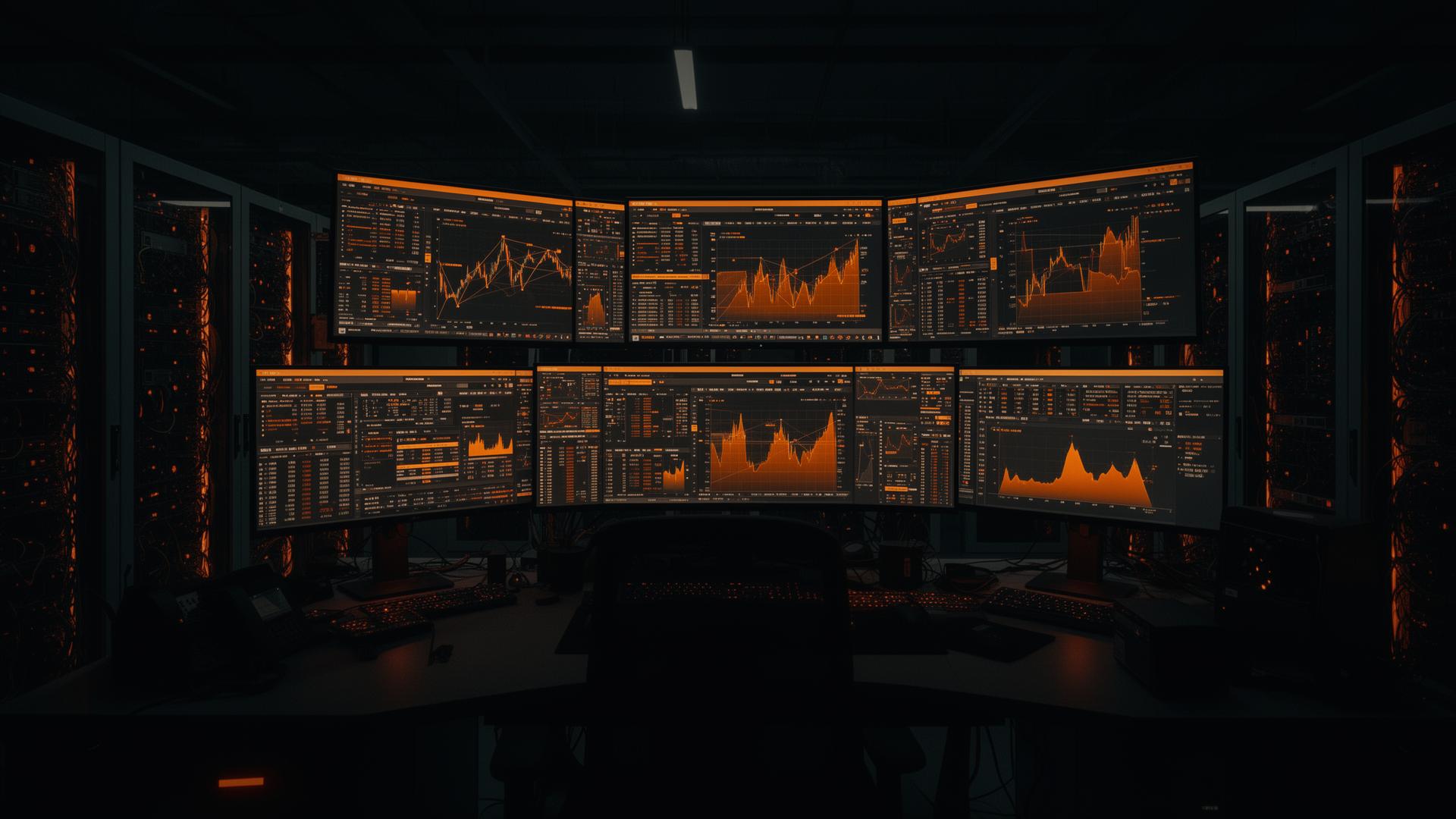 Data center control room with multiple screens displaying Bitcoin mining analytics and charts