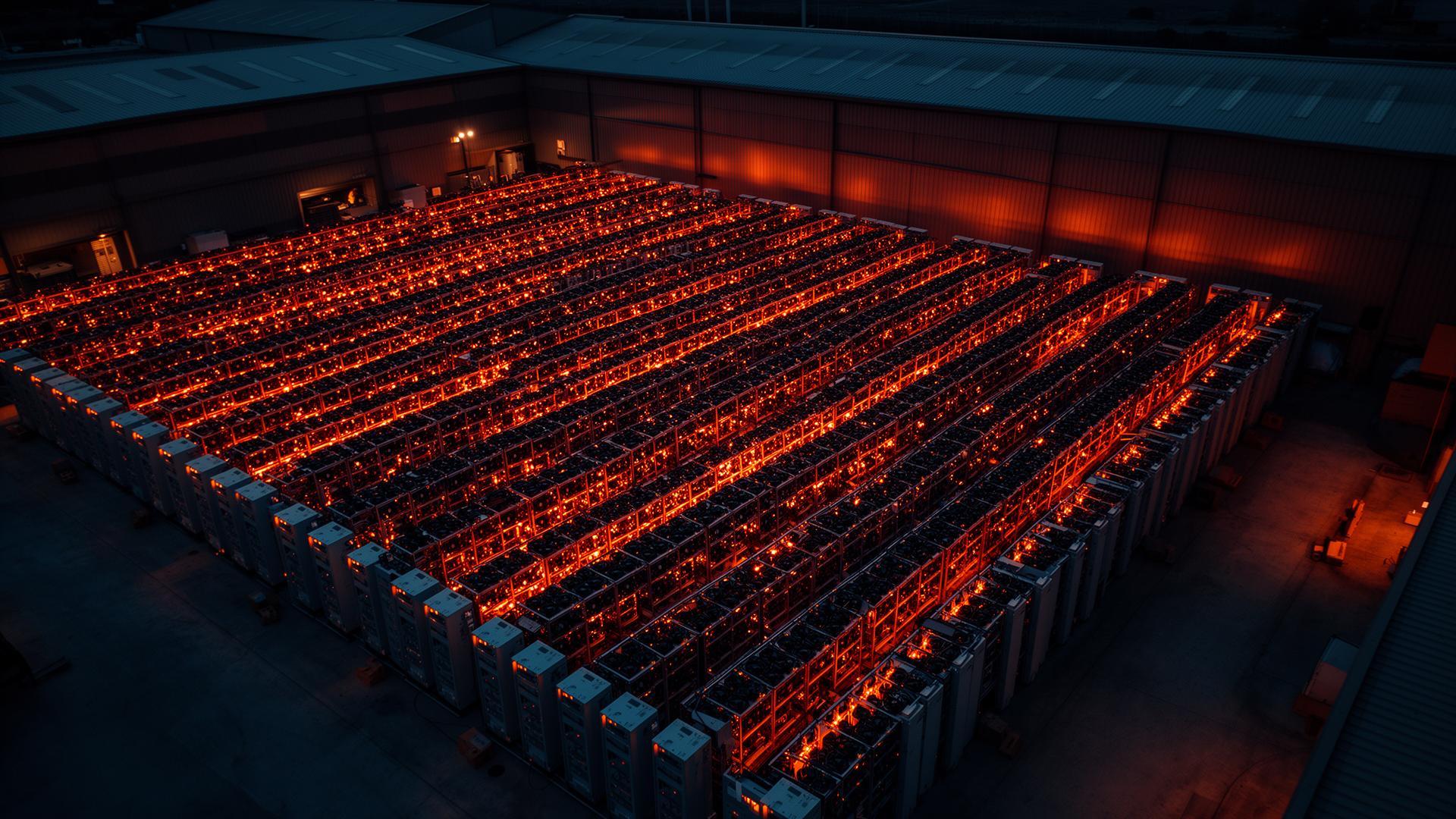 Bitcoin mining facility with rows of industrial mining rigs