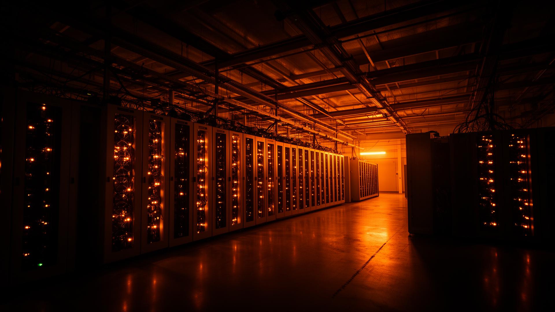 Interior of a Bitcoin mining data center with amber lighting