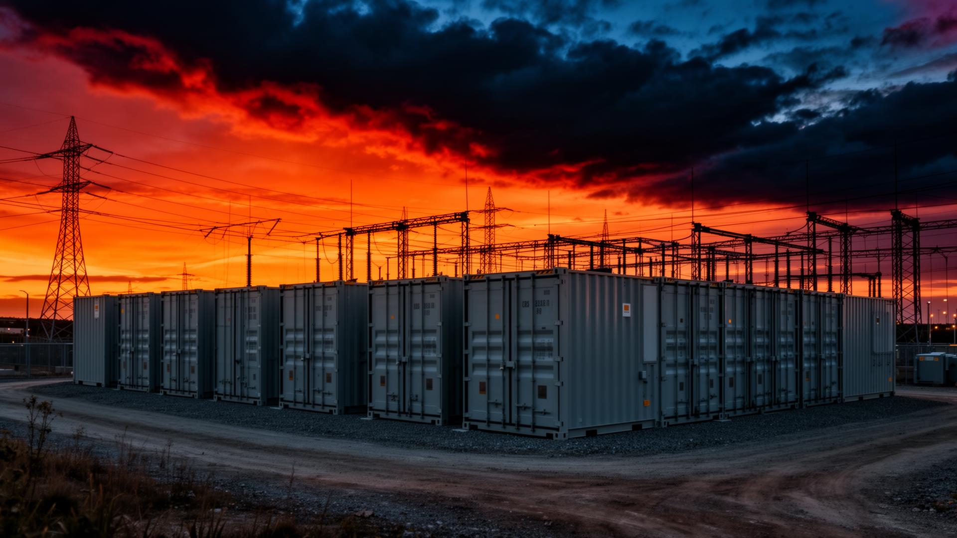 Mining container pods at an industrial site during sunset